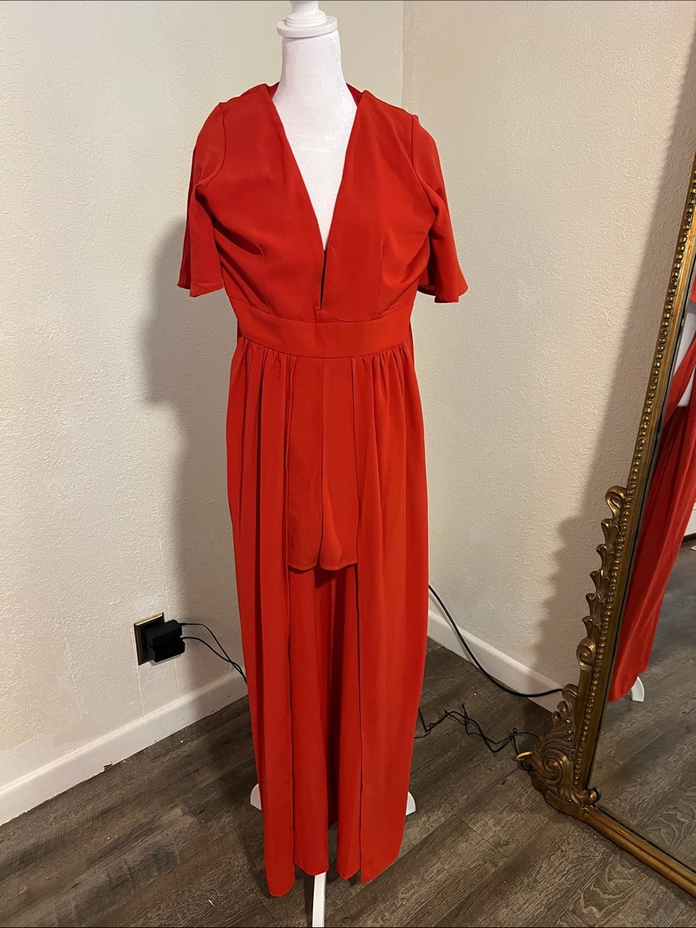 Deep V Red Wide-Leg Jumpsuit with Defined Waist